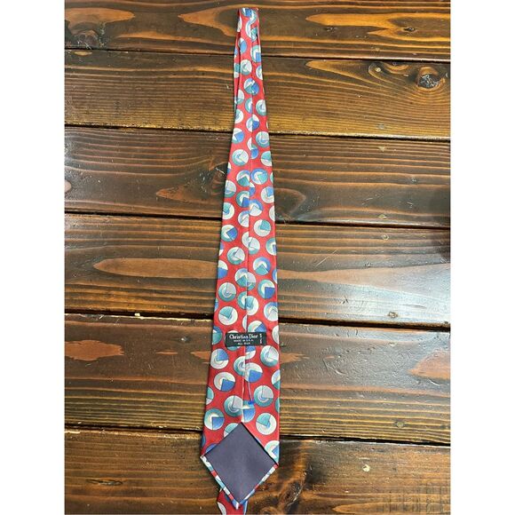 Vintage Christian Dior Tie Red Geometric Circles 100% Silk Made in USA 90s - Picture 2 of 6